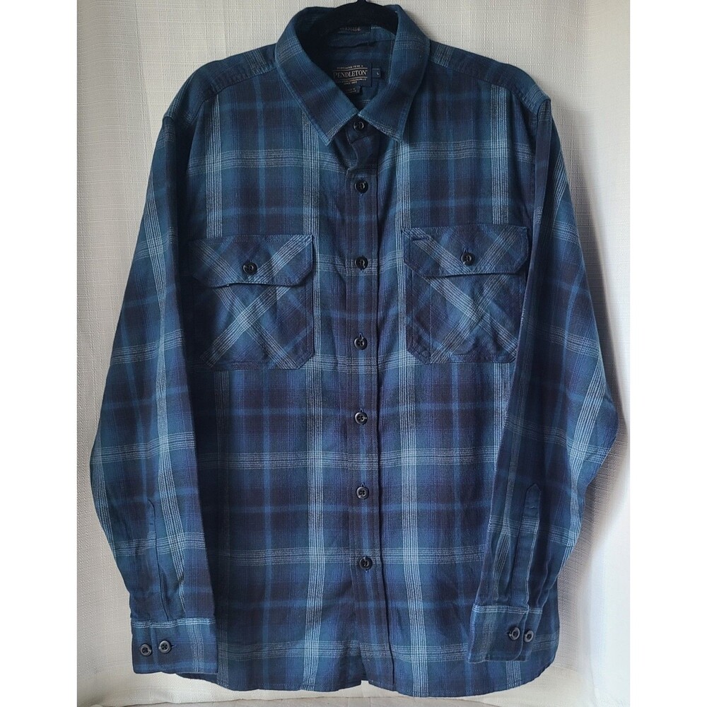 Pendleton Burnside Flannel Shirt Mens Large Blue Plaid 100% Cotton Button Up